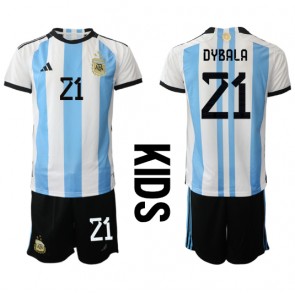 Argentina Paulo Dybala #21 Dětské Domácí dres komplet MS 2022 Krátký Rukáv (+ trenýrky)